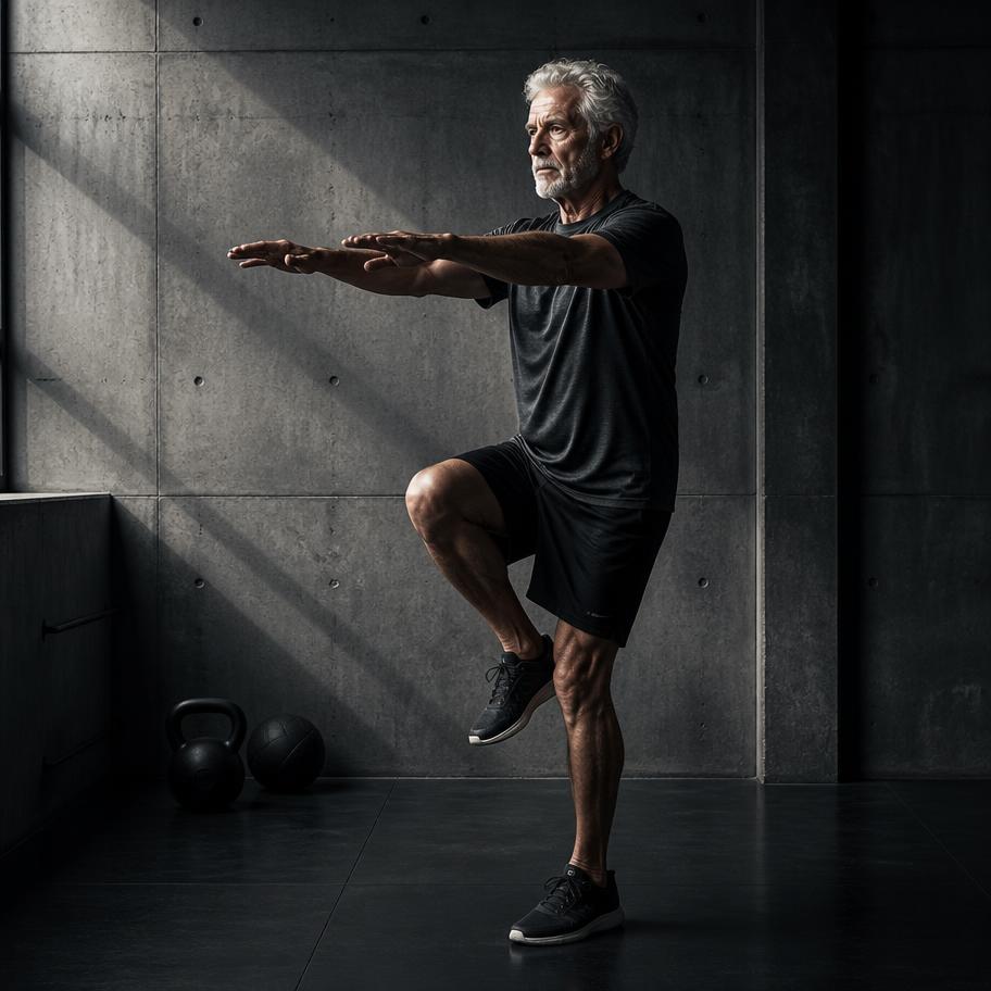 Senior beim Balancetraining (KI-generiertes Bild)